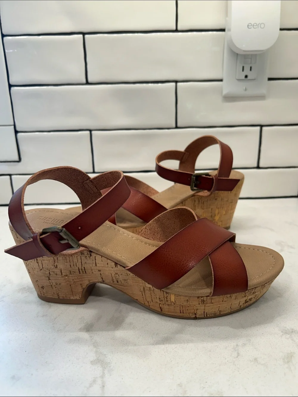 CUSHIONAIRE Women's Rosie Cork Wedge Sandal +Memory‎ Foam 9.5 Cognac Boho